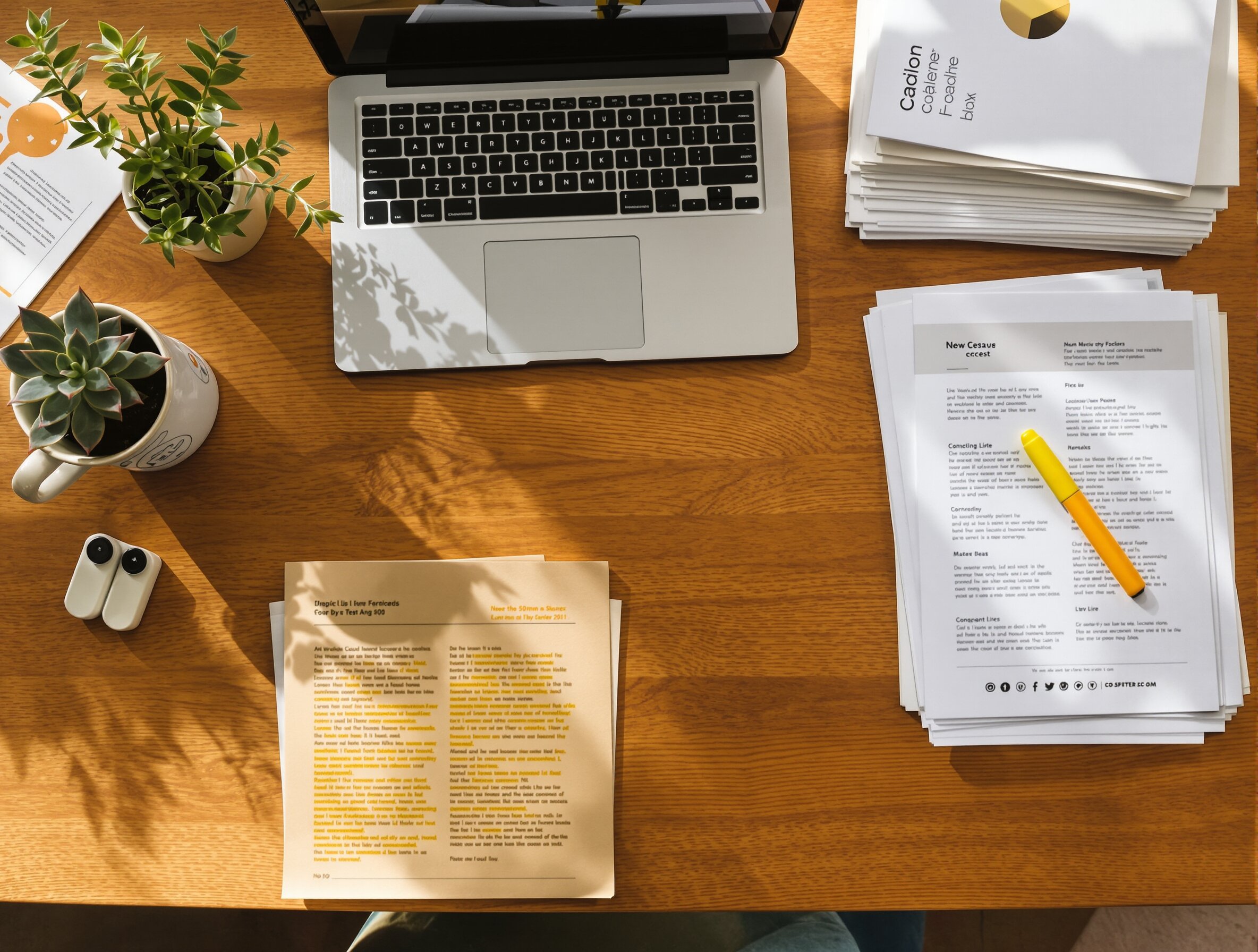 Documentos y laptop organizados sobre escritorio