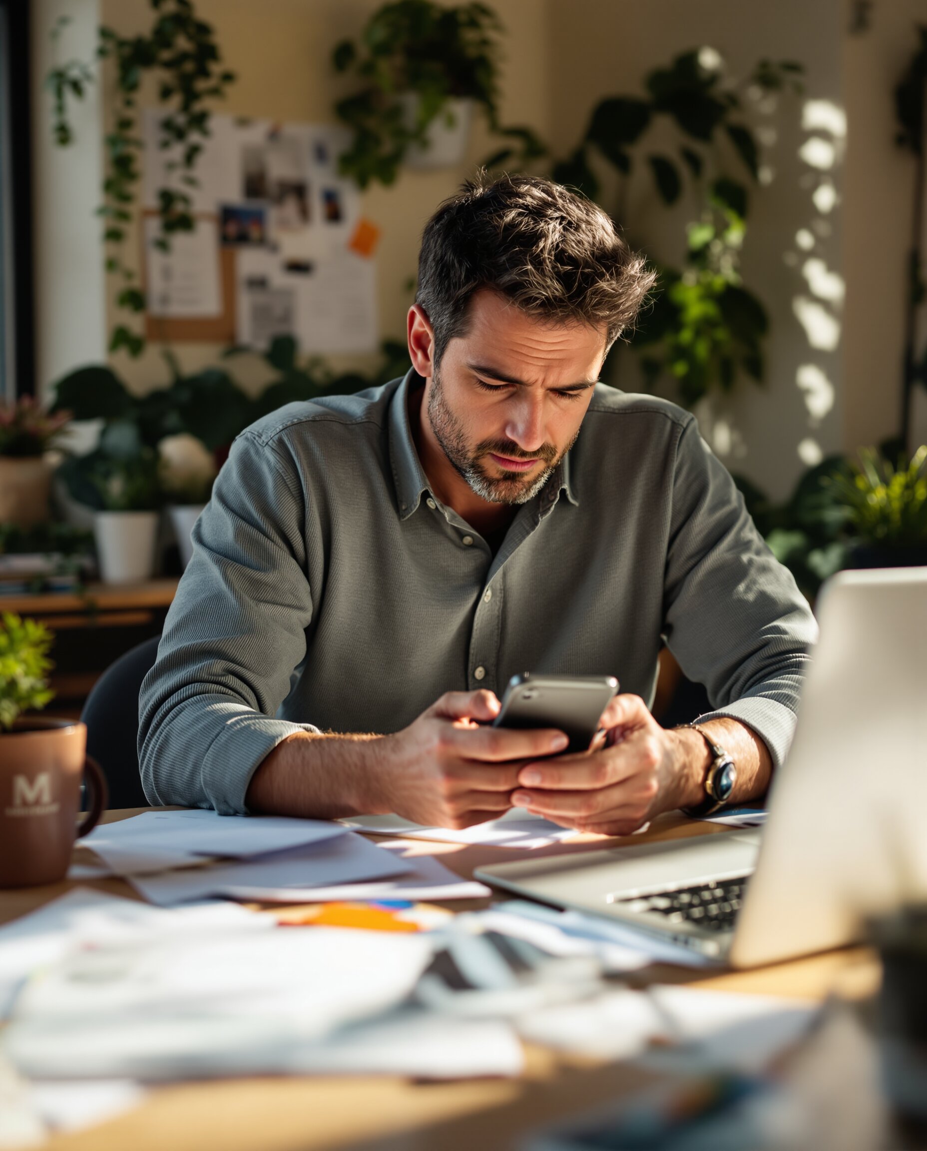 Dueño de negocio agobiado por notificaciones acumuladas